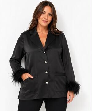 Nadine Merabi Black Darcie Satin Feather‎ Pajama Top Shirt Only Size L